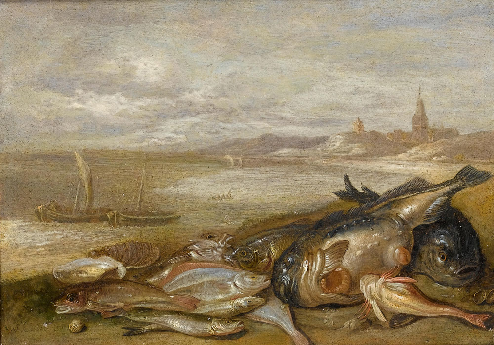 Jan van Kessel II - A still life of various fish and crustacea on a beach, with fishing boats and a town beyond