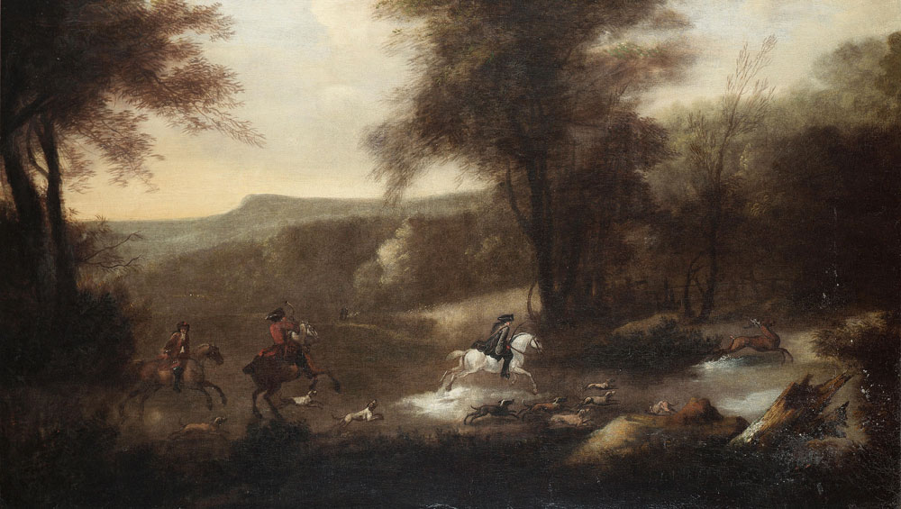 Attributed to Jan Wyck - A wooded landscape with a stag hunt