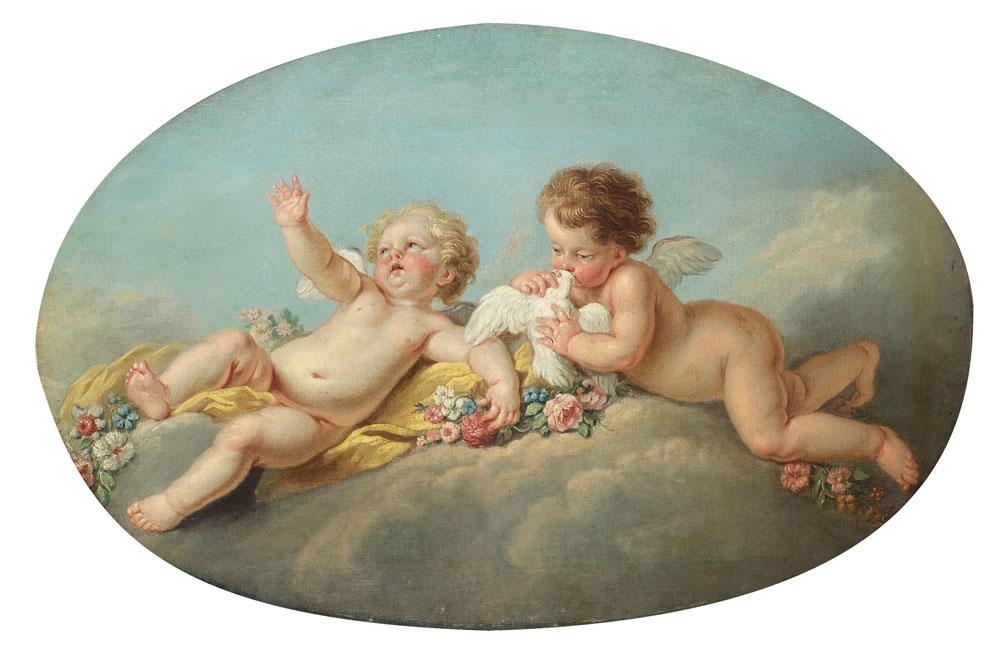 Circle of Jean-Baptiste Marie Pierre - Cupid and a putto holding garlands of flowers