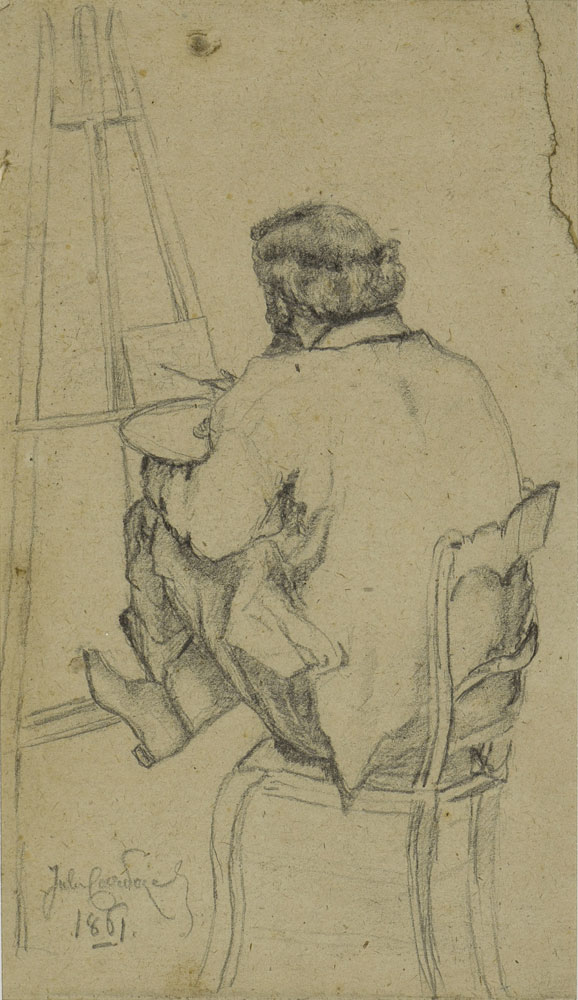 Jules Cardoze - Portrait of Camille Pissarro seated at an easel seen in three-quarters profile facing left from the back