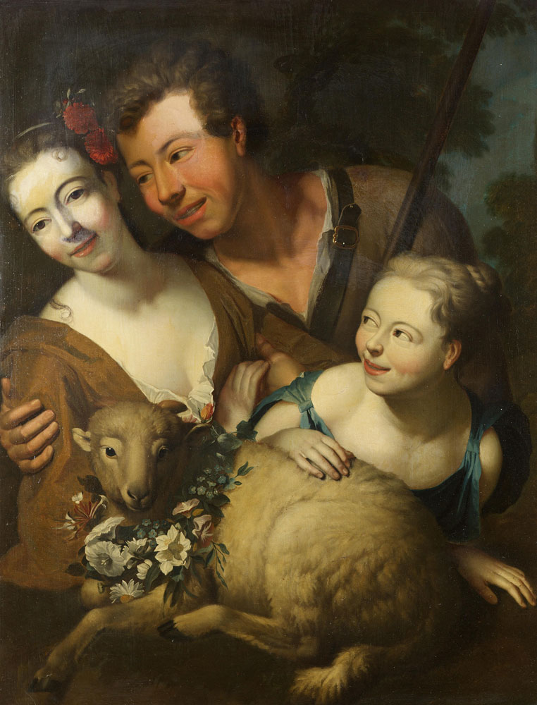 Circle of Kaspard Jacob Opstal the Elder - A huntsman and his family with a sheep