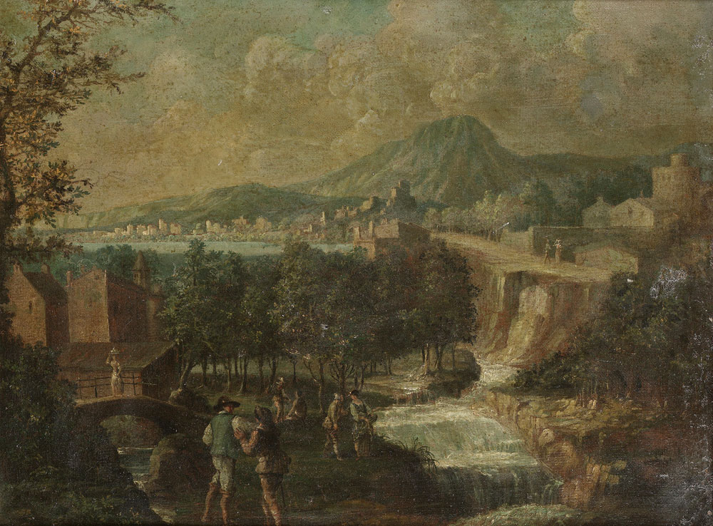 Circle of Lodewijk Toeput - A wooded river landscape with figures beside a waterfall