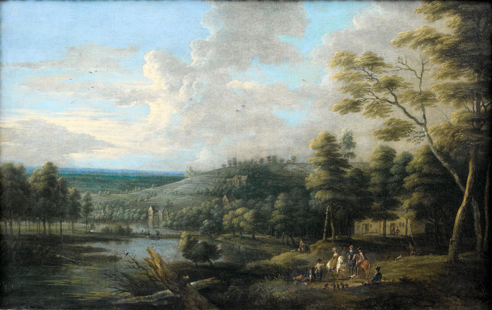 Lucas van Uden - An extensive landscape with a hawking party