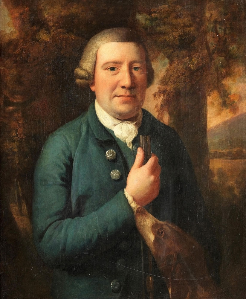 Mason Chamberlin - Portrait of a huntsman, half-length, in a blue coat, standing in a landscape with his dog
