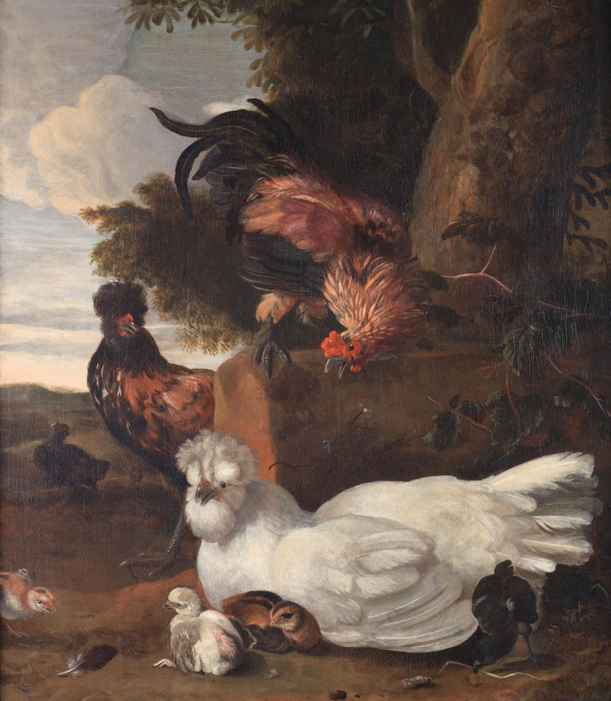 Circle of Melchior de Hondecoeter - A cockerel, hen and other decorative fowl in a farmyard