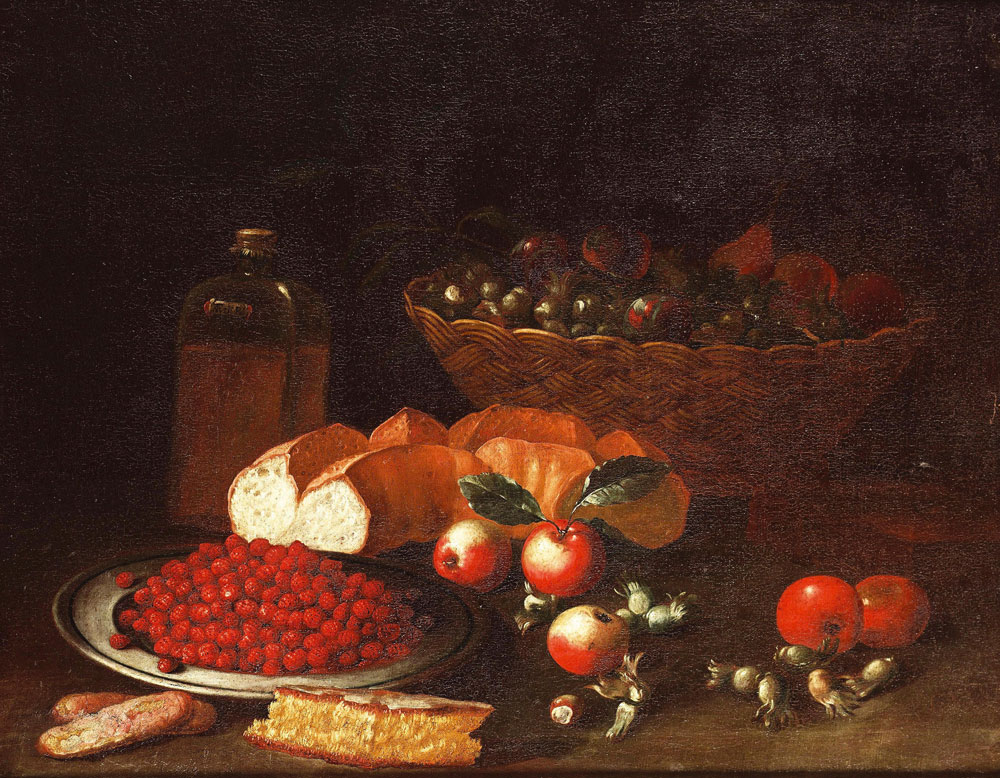 Neapolitan School - A basket of cobb nuts, apples and pears on a ledge, with a salver of wild strawberries, bread, sweetmeats, a bottle of olive oil, apples and cobb nuts