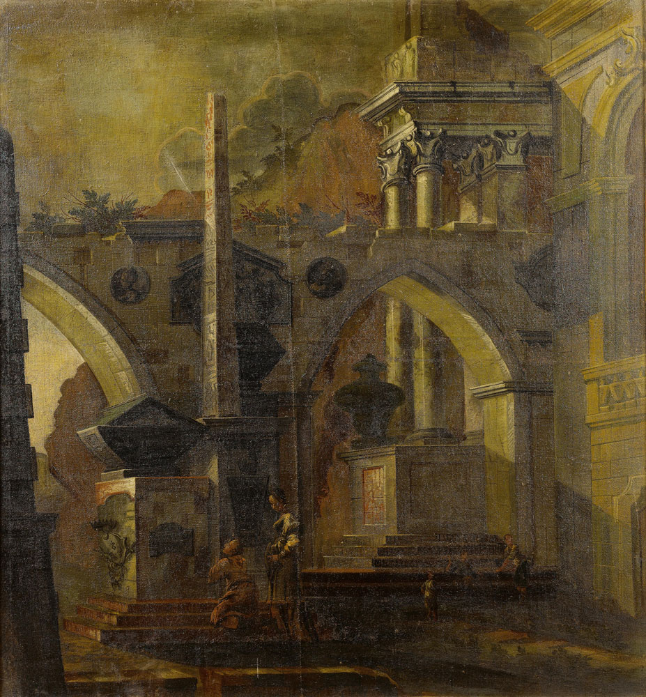 Neapolitan School - Figures resting before an obelisk and other ruins