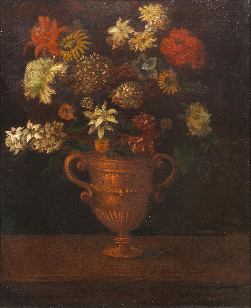 North Italian School - Chrysathemums, narcissi and other flowers in a terracotta vase