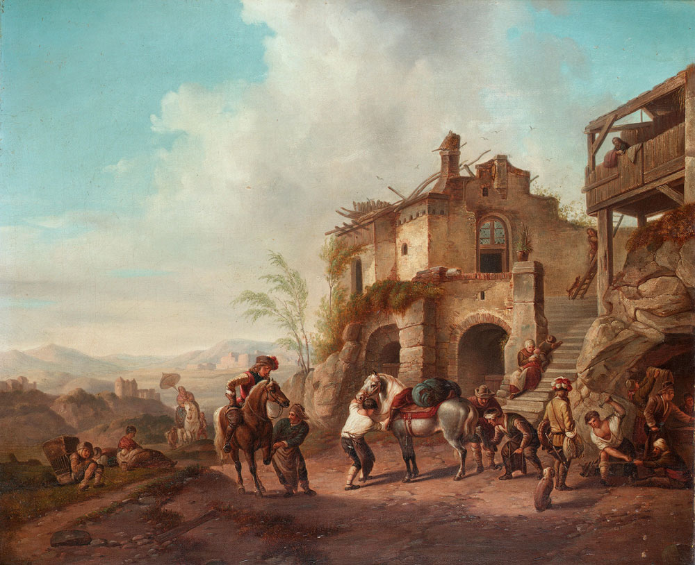 Manner of Philips Wouwerman - Travellers at a roadside farrier