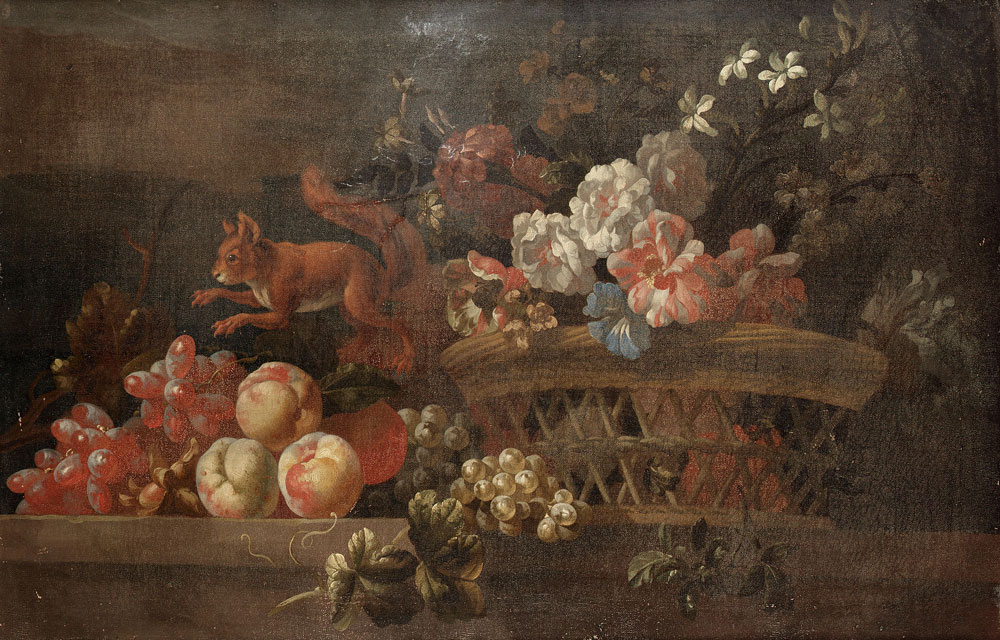 Pieter Casteels III - Roses, chrysanthemums, convulvulus and other flowers in a basket