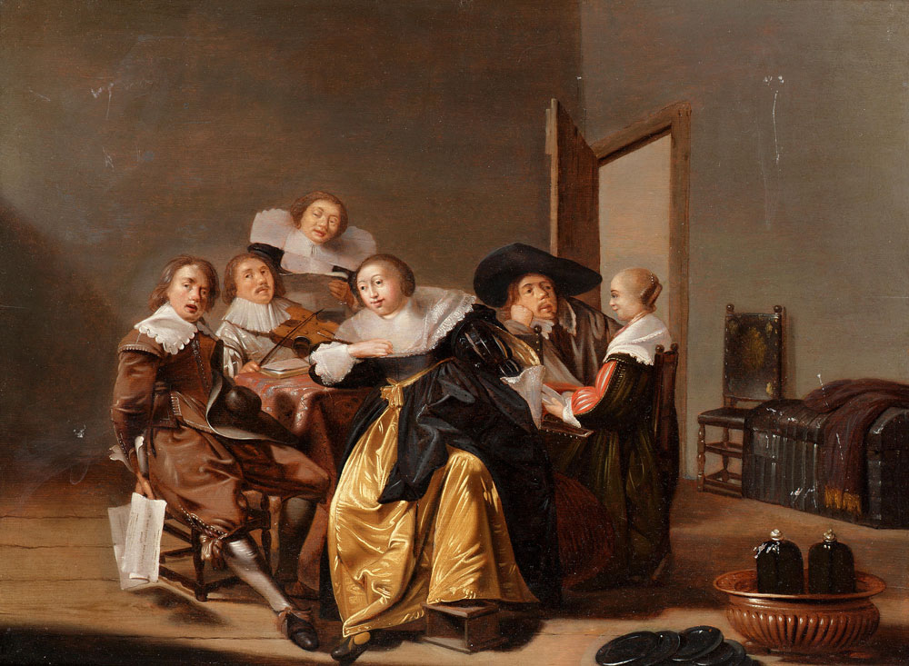 After Pieter Jacobs Codde - An elegant company making music in an interior