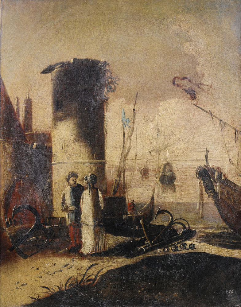 Venetian School - Two elegant figures conversing by a port