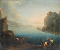 Follower of Claude Joseph Vernet Fishermen hauling in their catch at dusk, a Mediterranean harbour beyond