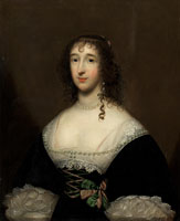 Cornelis Jonson van Ceulen Portrait of a lady, said to be Lettice, Lady Falkland (circa 1612-1647), half-length, in a black dress with white lace collar and cuffs and a green and pink bow