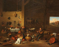 Manner of David Teniers the Younger A figure smoking a pipe in a barn interior