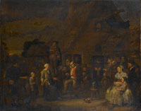 Egbert van Heemskerck Peasants making music and dancing outside a village tavern