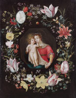 Attributed to Frans Francken the Younger The Madonna and Child surrounded by a garland of flowers