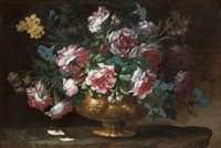 Giuseppe Vincenzino Roses, narcissi and morning glory in a bronze vase