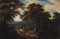 Jacques d'Arthois Figures on a path in an extensive wooded landscape