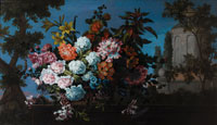 Studio of Jean-Baptiste Monnoyer - Chrysanthemums, lilies, honeysuckle and other flowers in a wicker basket