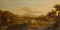 Follower of Nicolaes Berchem A river landscape with a drover and his flock on a bank with a ferry nearby