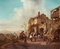 Manner of Philips Wouwerman Travellers at a roadside farrier
