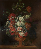 Pieter Casteels III Tulips, poppies, delphiniums, lilac and other flowers in a gilt-mounted ormolu vase on a wooden ledge
