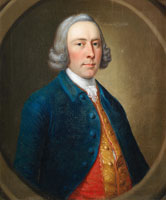 Circle of Thomas Hudson Portrait of a gentleman, bust-length, in a red brocaded waistcoat and a blue coat