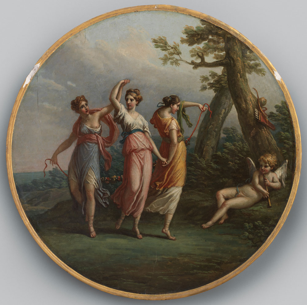 Attributed to Antonio Zucchi - Three dancing nymphs and a reclining cupid in a landscape