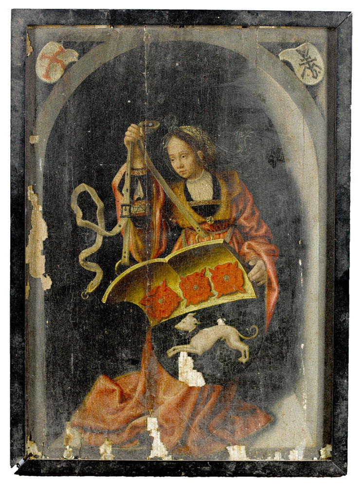 Workshop of Bernaert van Orley - A female figure holding an heraldic shield, within a painted niche