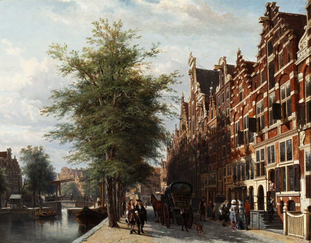 Cornelis Springer - View of the Singel in summer with the Mennonite church Het Lam, Amsterdam