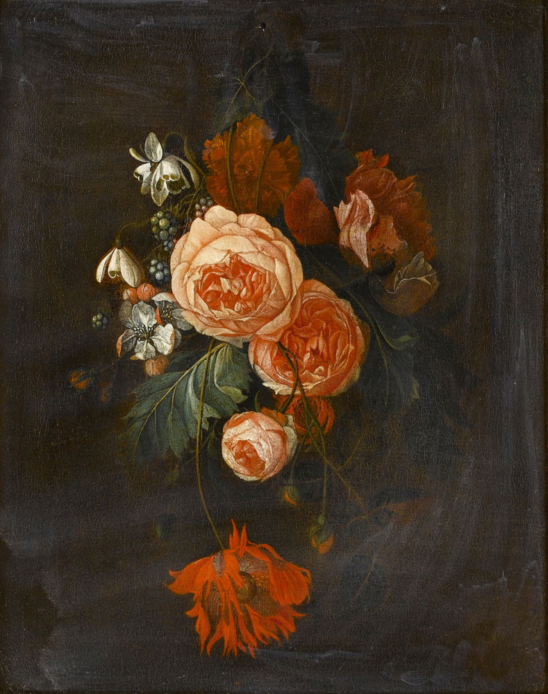 Attributed to David Cornelisz. de Heem - A swag of roses, chrysanthemums and poppies with blackberries