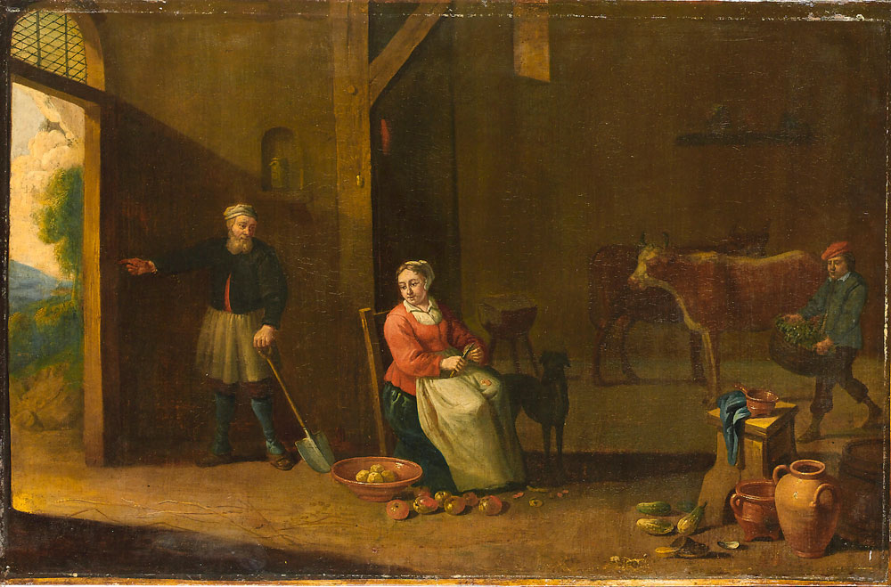 Follower of David Teniers the Younger - A lady seated in an interior peeling vegetables, with a peasant standing at the doorway, earthenware pots in the foreground and cattle beyond