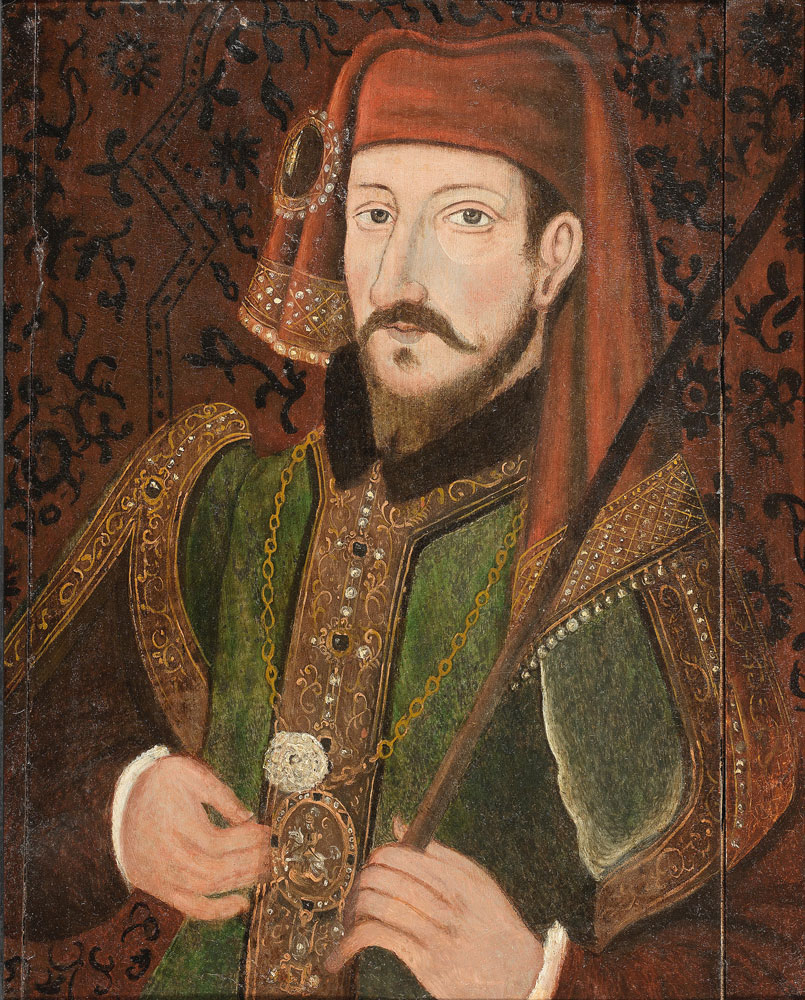 English School - Portrait of Henry IV, half-length, holding a sceptre and a rose