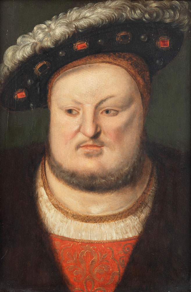 English School - Portrait of Henry VIII, bust-length, in a red tunic embroidered with gold, a fur-trimmed cloak and a fur-trimmed jewel-encrusted hat