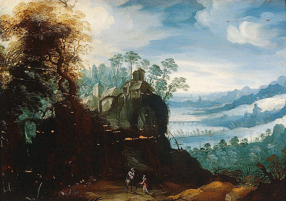 Flemish School - An extensive rocky landscape with the Road to Emmaus