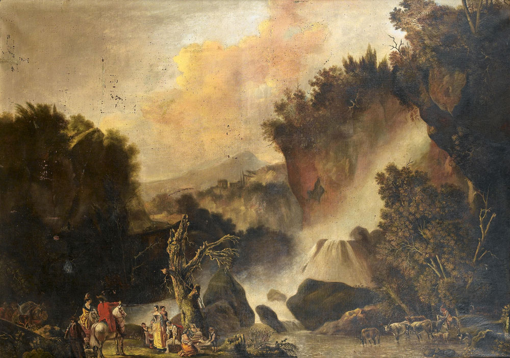 Flemish School - Travellers resting beside a waterfall, before a rocky Italianate landscape