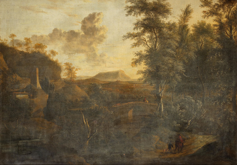 Attributed to Frederick de Moucheron - A wooded landscape with a traveller on horseback crossing a bridge