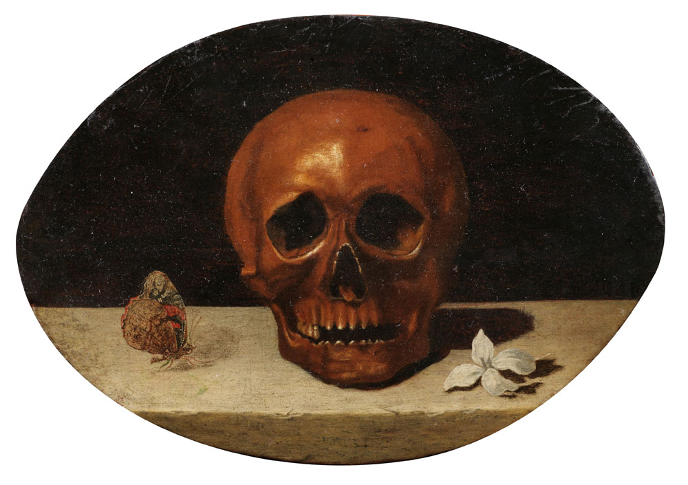 French School - Vanitas still life with a skull and a butterfly