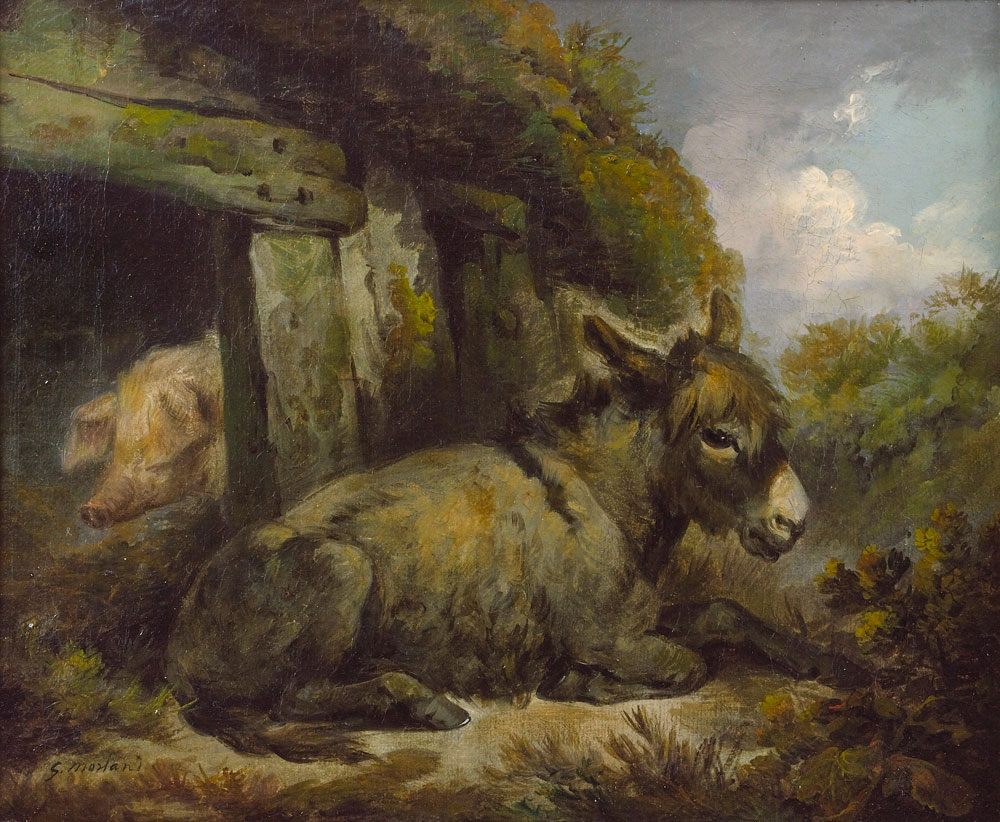 George Morland - A donkey and pig in a farmyard
