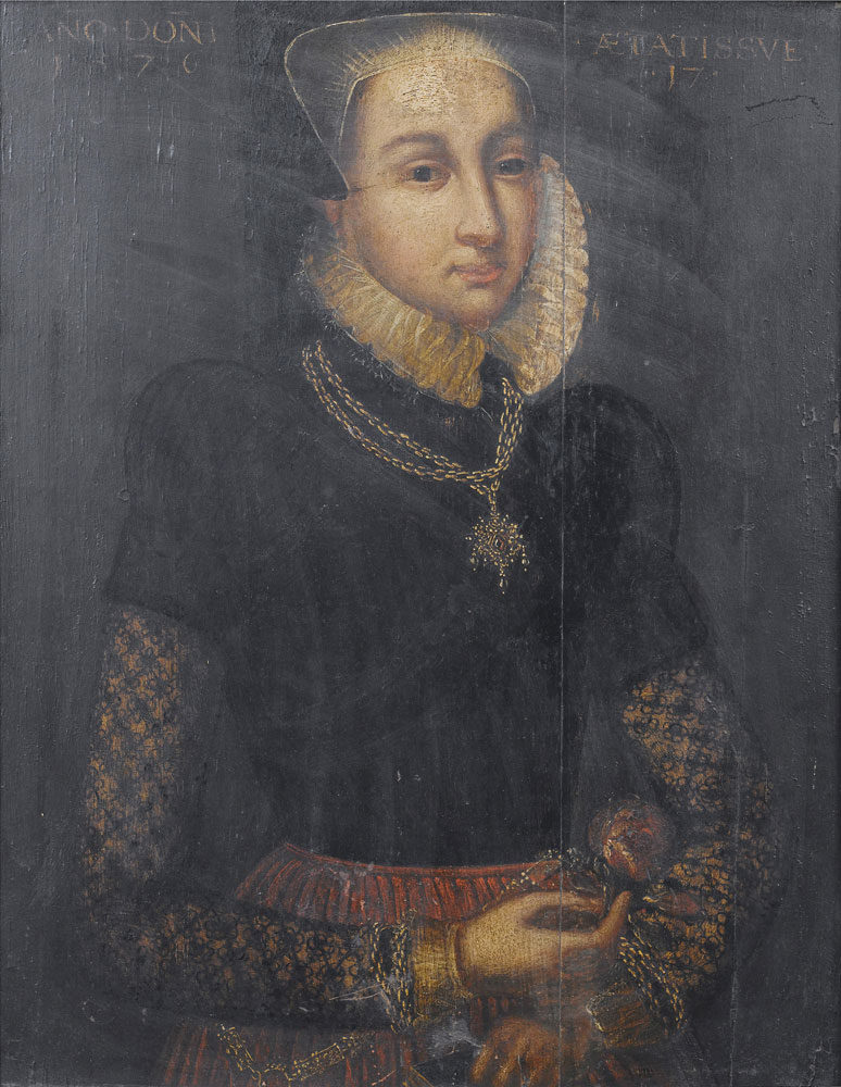German School - Portrait of a lady, three-quarter-length, in black costume with a white ruff and holding a pomander