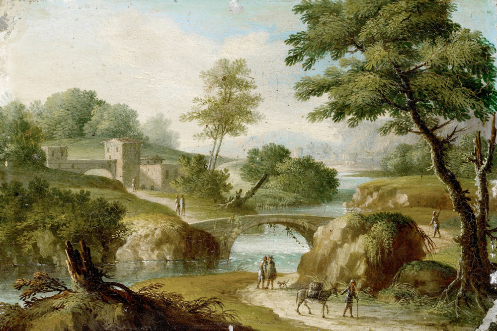 German School - Travellers on a country path before an Italianate river landscape