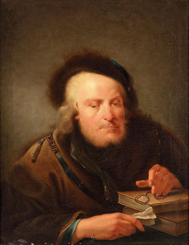 Follower of Giuseppe Nogari - A scholar with books and a pince-nez