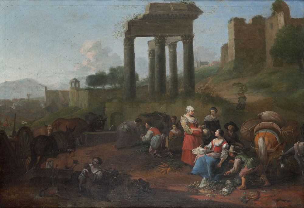 Hendrick Mommers - An Italianate landscape with a vegetable seller