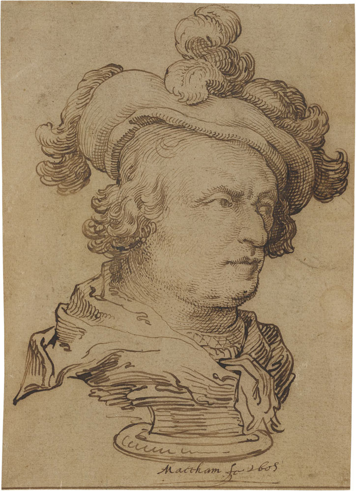Jacob Matham - Man with Plumed Hat, Depict­ed as Sculpt­ed Bust