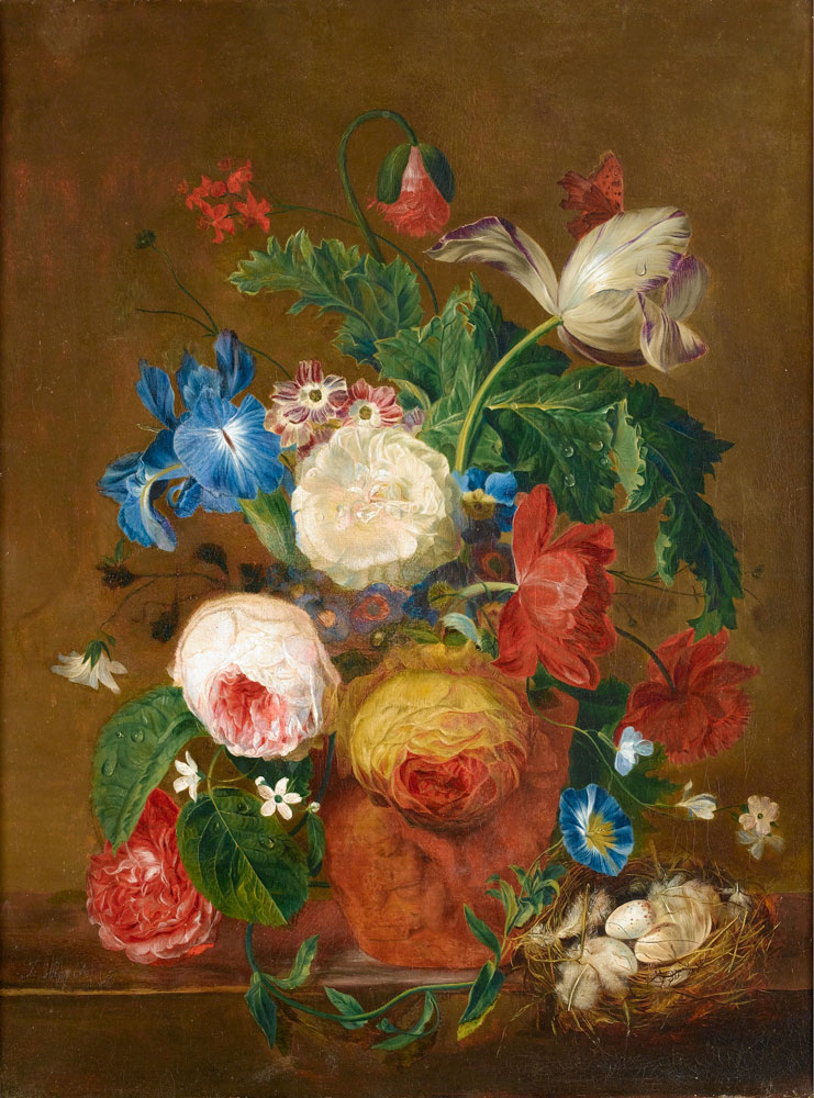 Follower of Jan van Os - Roses, lilies, tulips and other flowers in a vase
