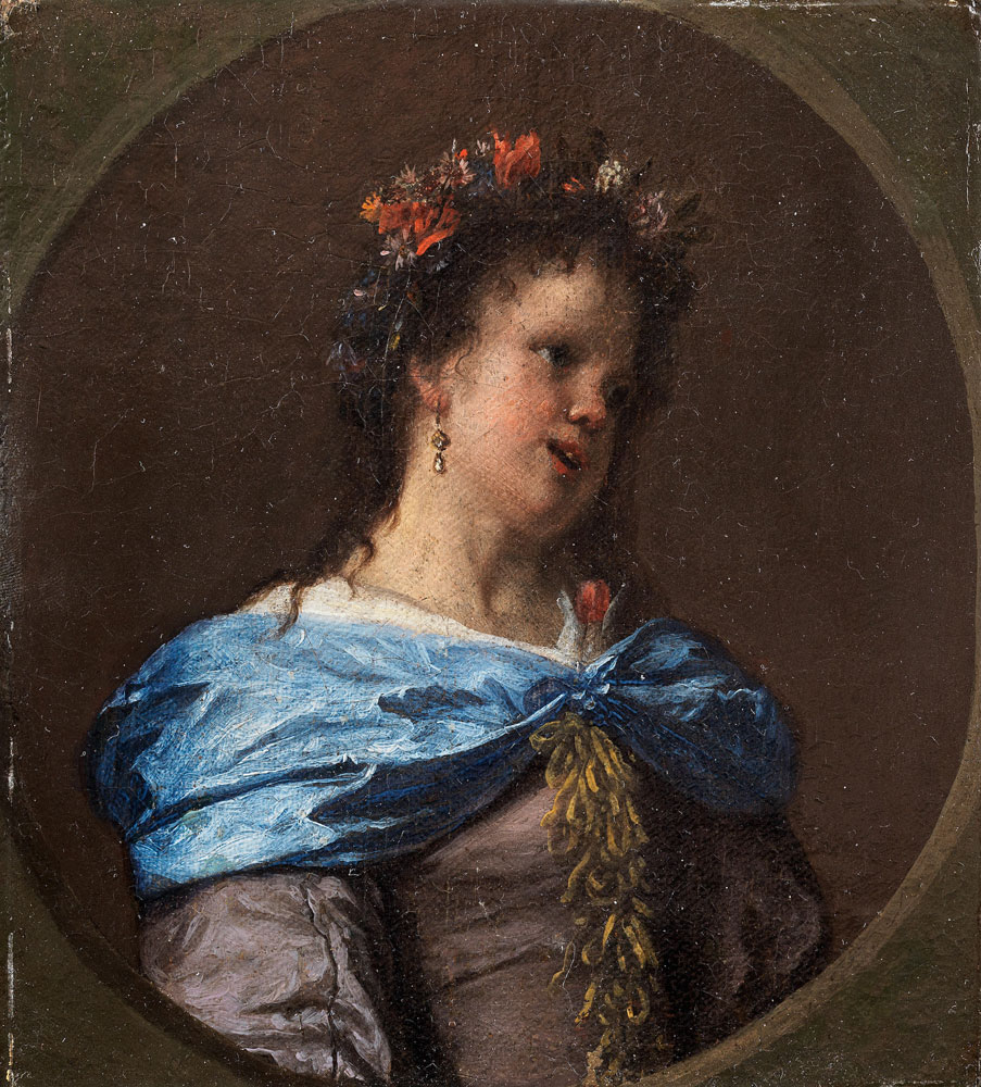 Jan Steen - Portrait of a girl, half-length, in a mauve dress, blue wrap and flower headdress, within a painted oval