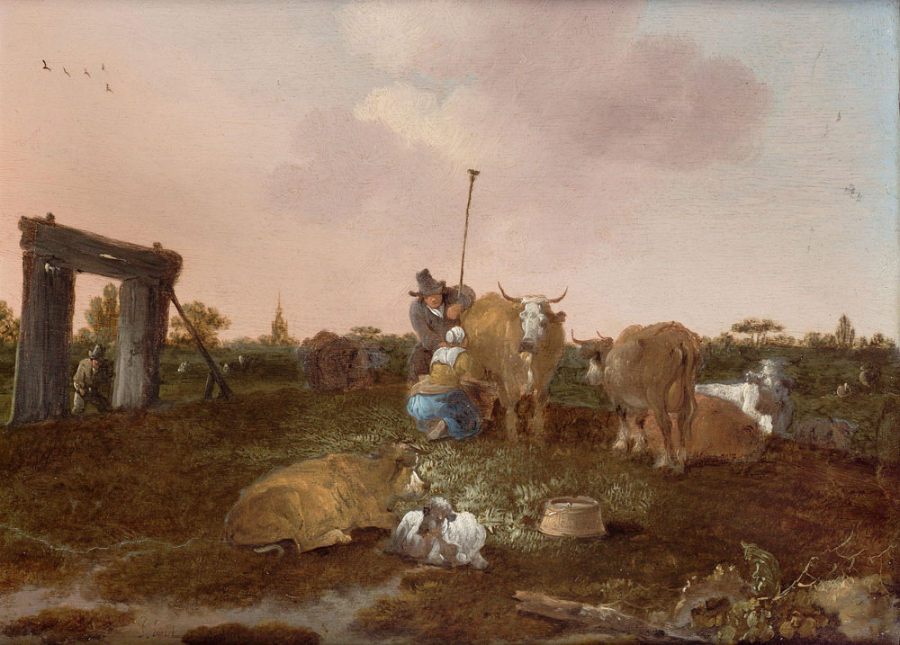 Attributed to Jan Baptist Wolfaerts - A milkmaid, herder and cattle in a field