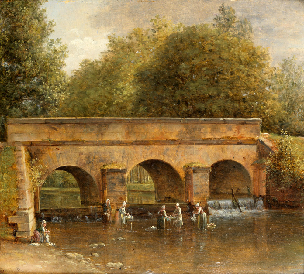 Jean Victor Bertin - Washerwomen in a river before a bridge
