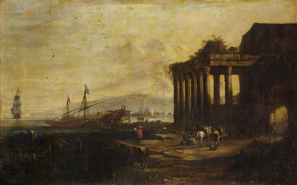 Johann Anton Eismann - A Mediterranean harbour with moored shipping with figures on a quayside